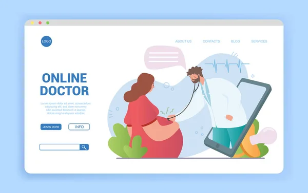 Online läkare koncept med gravid kvinna som har en virtuell konsultation — Stock vektor