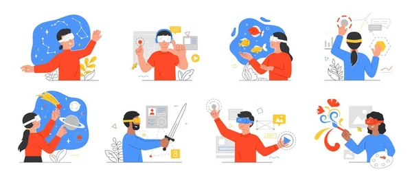 Wzornictwo aplikacji rozszerzonej rzeczywistości z osobami noszącymi gogle 3D — Wektor stockowy