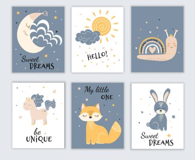 Güneş, ay ve hayvanlar için şirin pastel posterler.