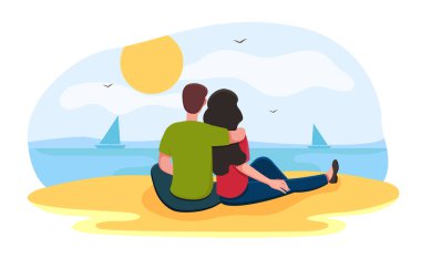 Aşıklar kumsalda oturuyor ve gün batımını seyrediyorlar.