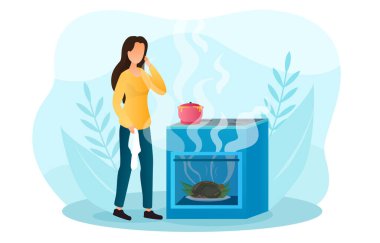 Meşgul kız tencere ve tencereyi ocakta bırakıp akşam yemeğini yaktı..