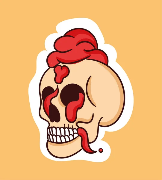 Pegatina colorida del cráneo muerto con el cerebro saliendo de la cabeza — Archivo Imágenes Vectoriales