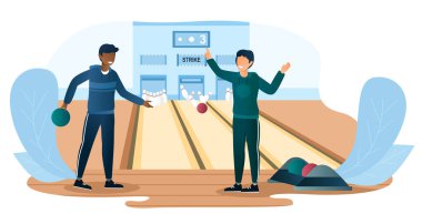 İki erkek karakter birlikte bowling oynuyorlar.