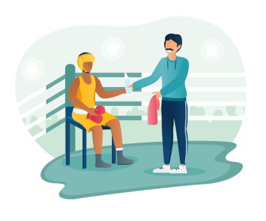 Erkek boksör, rauntlar arasında ringin köşesinde dinlenirken idman yöneticisi rehberliği alıyor