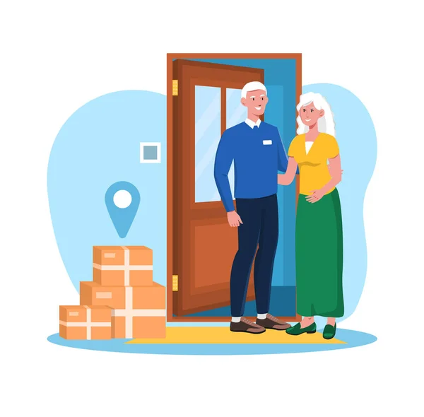 Älteres Ehepaar steht mit Paketen vor der Tür — Stockvektor