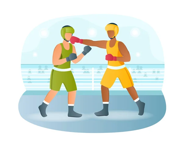 Dois personagens masculinos estão lutando em luta de boxe no ringue —  Vetores de Stock