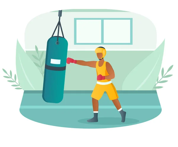 Boxer masculino vestido em sportswear treinamento com saco de perfuração no ginásio —  Vetores de Stock