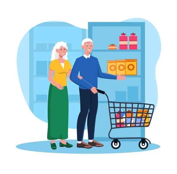 Linda pareja de ancianos en la tienda con compras en el carrito — Archivo Imágenes Vectoriales