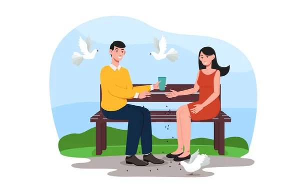 Young couple is sitting on a bench in park and feeding pigeons — Stock Vector