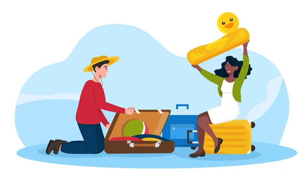 Heureux personnages masculins et féminins emballant des bagages pour voyager — Image vectorielle