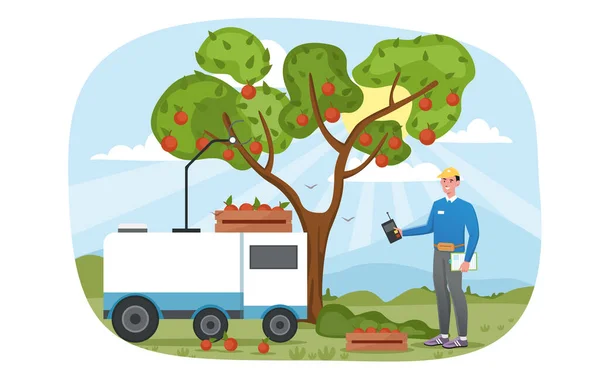 Улыбающийся мужчина стоит рядом с деревом и дистанционно управляет роботом, собирающим яблоки. — стоковый вектор