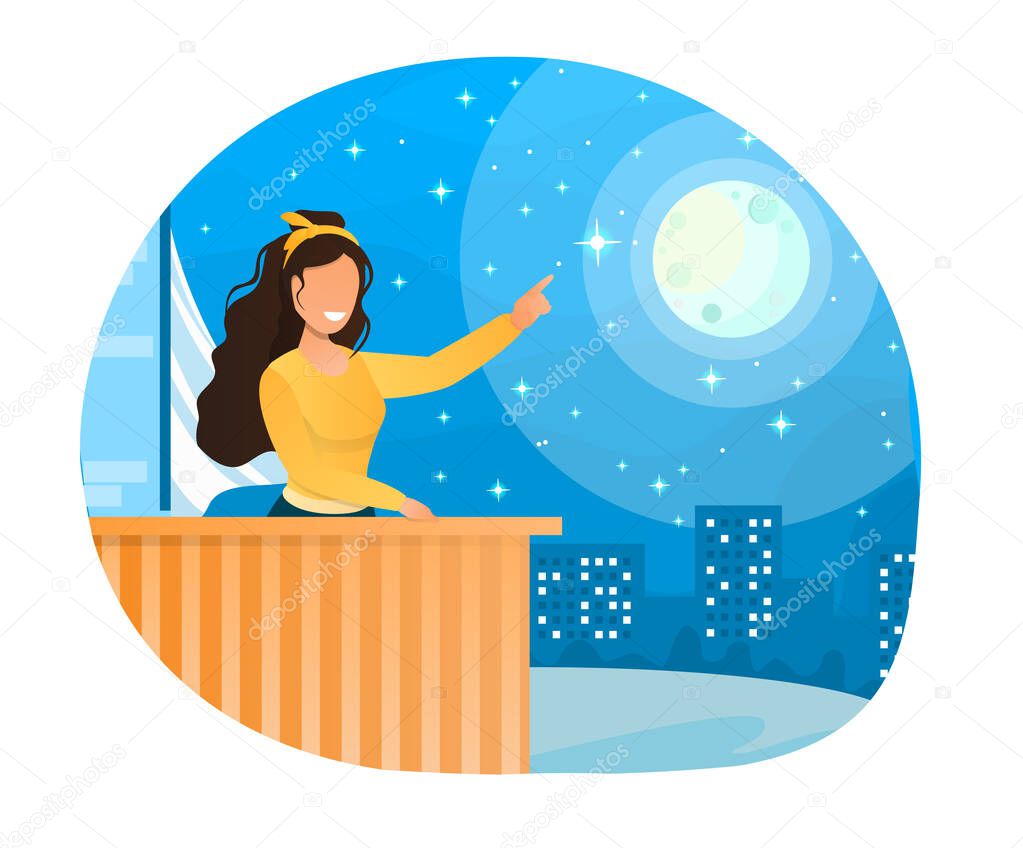 Cute female character looking at stars and smiling