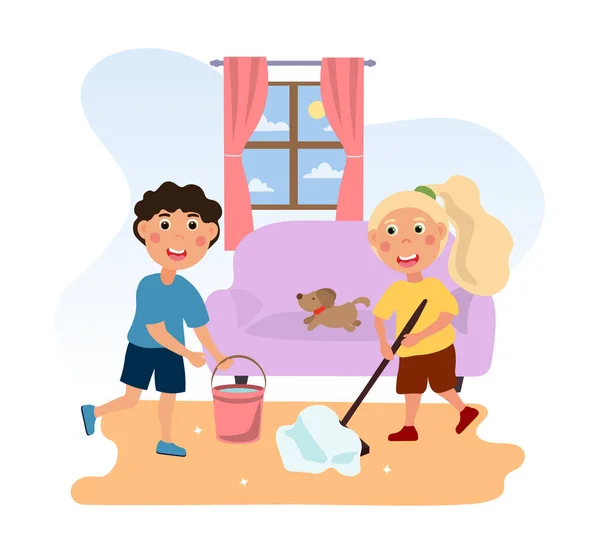 Niños haciendo tareas domésticas en casa — Vector de stock