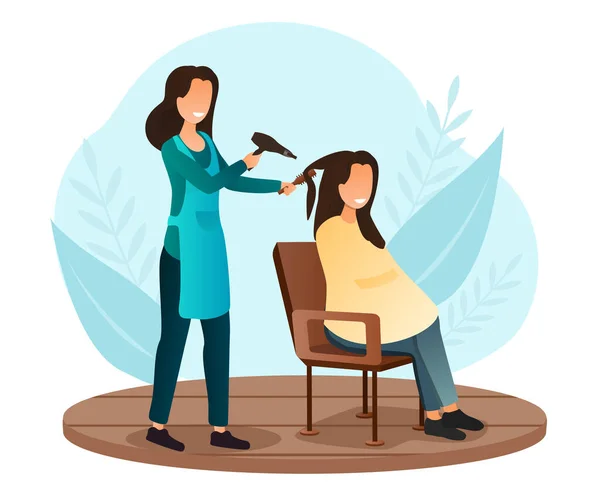 Kvinnlig karaktär är att få sitt hår klippt på frisörsalong — Stock vektor