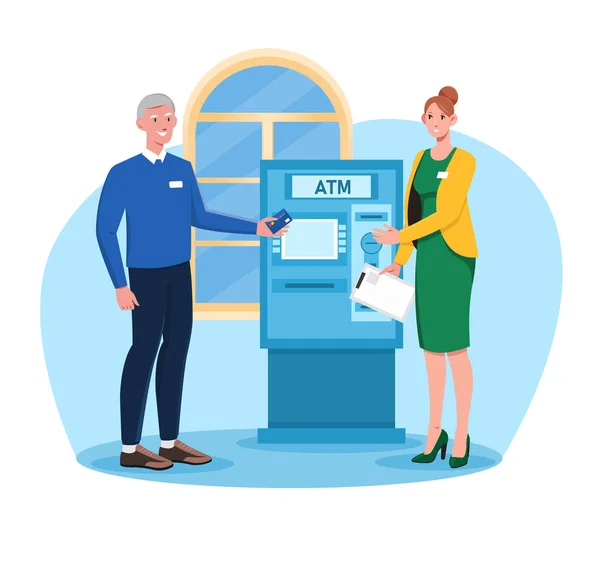 Funcionário do banco feminino ajuda homem idoso a usar ATM — Vetor de Stock