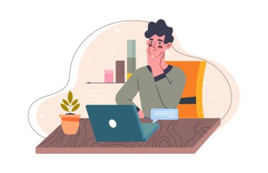 Genç erkek karakter serbest çalışan bir içerikçi olarak çalışıyor.