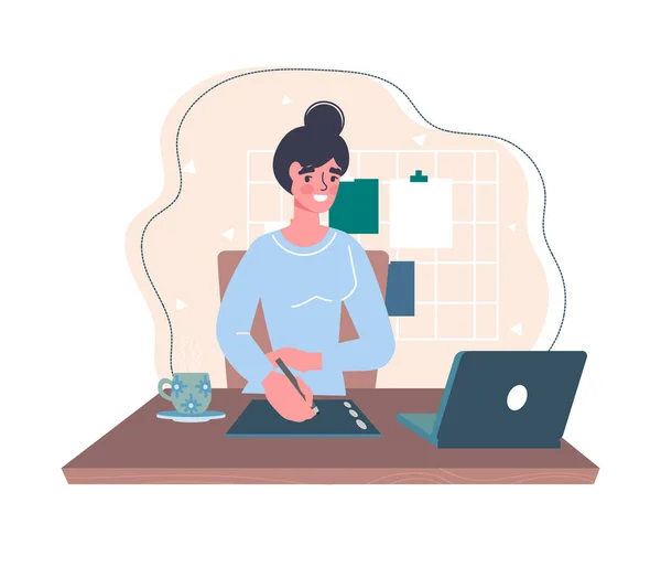 Joven personaje femenino está trabajando como ilustradora independiente — Vector de stock