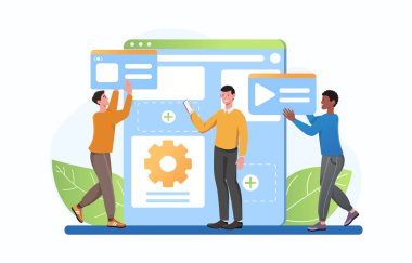 Üç erkek karakter bir takım olarak web sitesi tanımlaması üzerinde çalışıyor