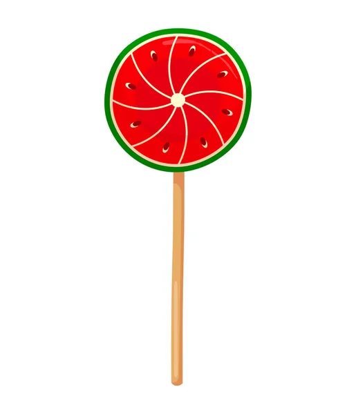 Watermelon-shaped cute round candy on a stick on white background — Stock Vector