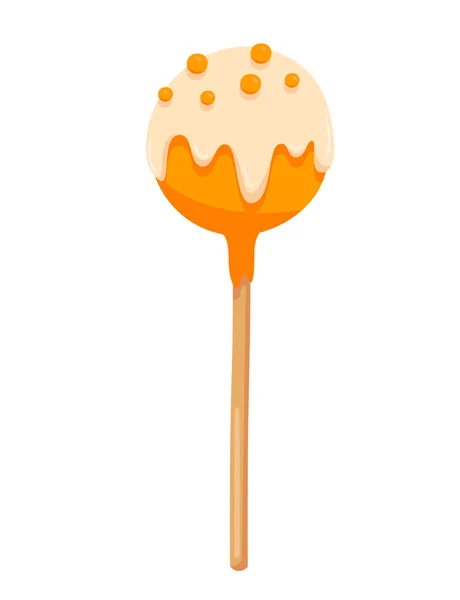 Orange cute round candy with white topping on a stick on white background — Stock Vector