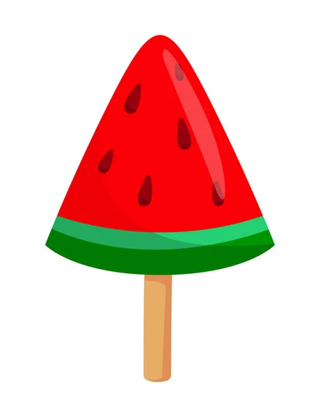 Wassermelonenförmige süße Dreiecksbonbons auf einem Stock auf weißem Hintergrund — Stockvektor