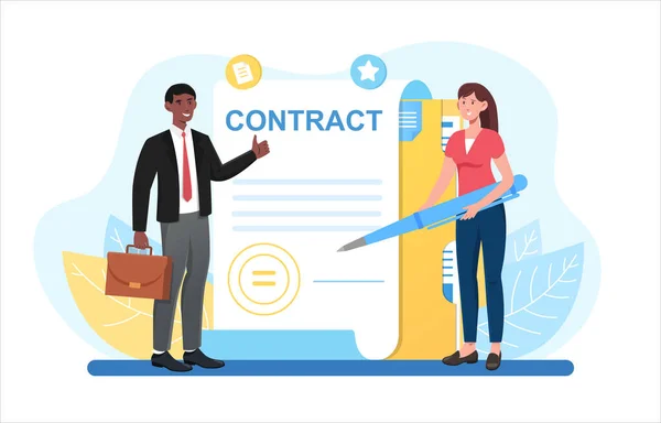 Smiling male businessman in suit signing contract documents — Stock Vector