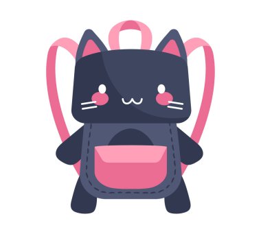 Beyaz arka planda şirin mor ve pembe kedi şekilli çocuk çantası.