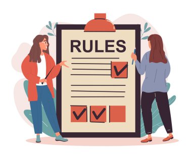 Two female characters are making a list of rules on clipboard clipart
