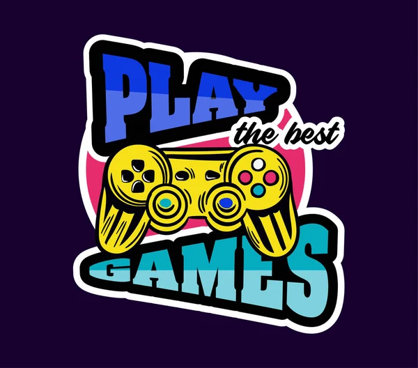 Cute game logo patch with play games lettering next to gamepad — Stock Vector