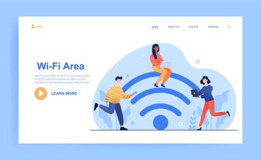 Genç erkek ve kadın karakterler akıllı telefonları ve dizüstü bilgisayarlarında kablosuz internet kullanıyorlar.