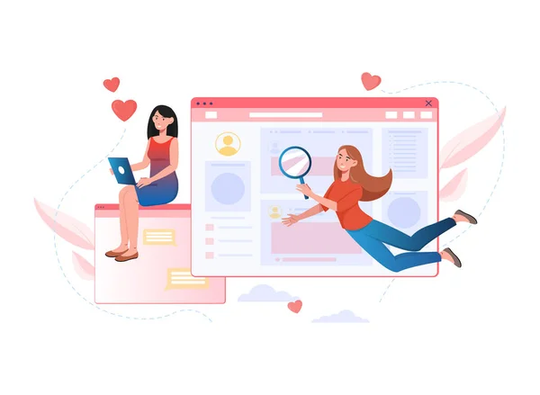 Personagem feminina está sentado com laptop e conversando com as pessoas no namoro site —  Vetores de Stock