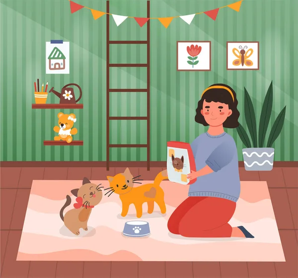 Carino bambina sta alimentando il suo gatto a casa — Vettoriale Stock