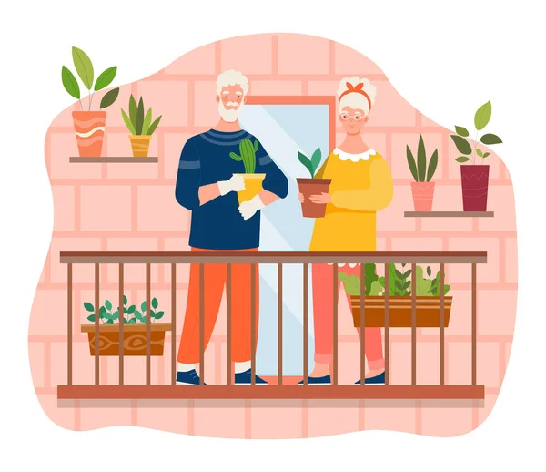 Casal de idosos está desfrutando de plantas em crescimento em casa — Vetor de Stock