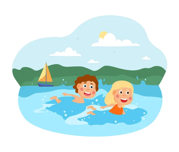 Dos niños felices nadan en el mar — Vector de stock