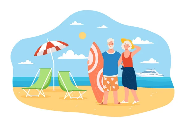 Feliz y activa pareja de ancianos está pasando tiempo en la playa juntos — Vector de stock