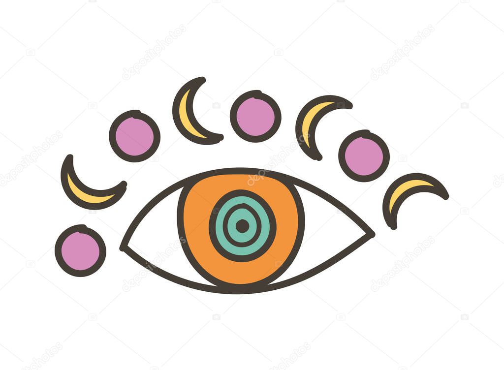 Colorful eye talisman with moon as an occultism and prophecy sacred symbol. Eye of providence, mysterious talisman. Concept of religious, magical and esoteric sign. Flat cartoon vector illustration