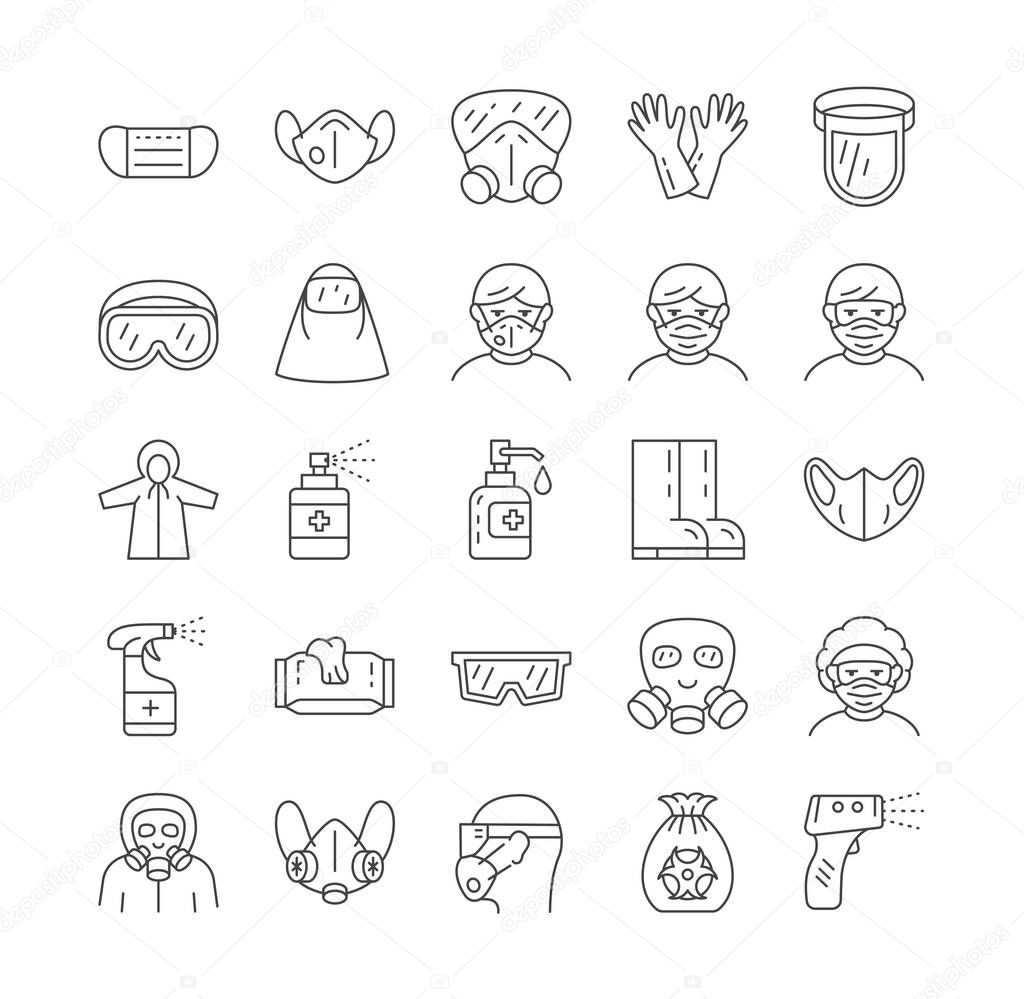 Covid 19 protection equipments line icon set