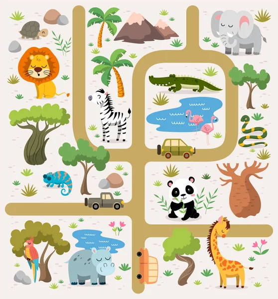 Labyrinthe tropical avec des animaux dans le parc safari — Image vectorielle