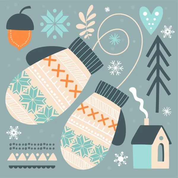 Schöne abstrakte Postkarte mit Winterhandschuhen im skandinavischen Stil — Stockvektor