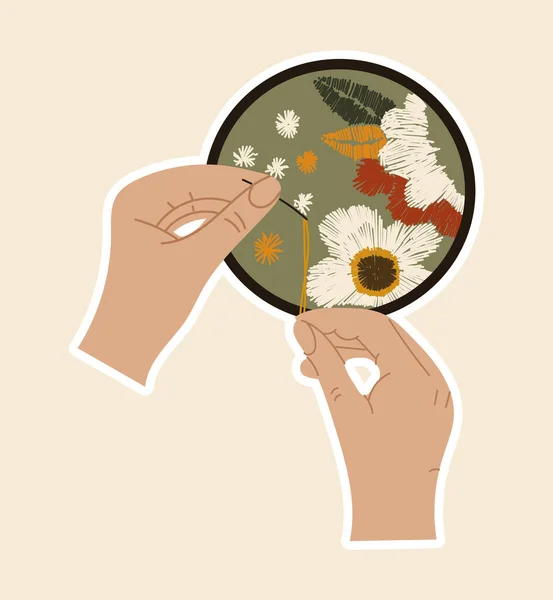Sticker von Händen mit Nadel und Faden Näharbeiten mit Blumen — Stockvektor