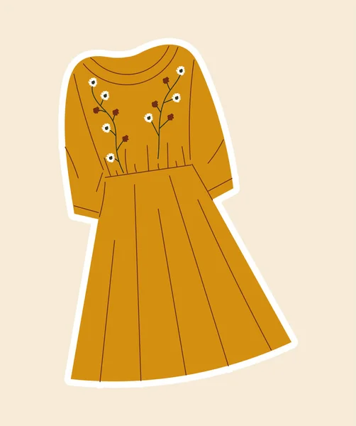 Sticker avec belle robe jaune cousue avec des fleurs sur tissu — Image vectorielle