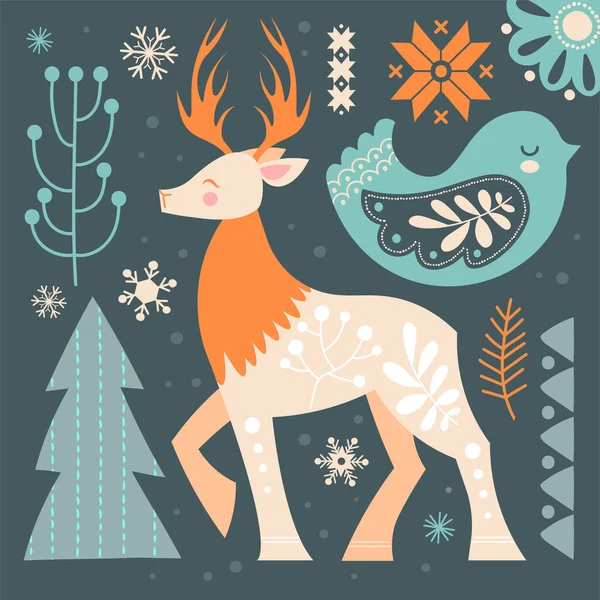 Beautiful abstract postcard with wild deer in scandinavian style — Stock Vector