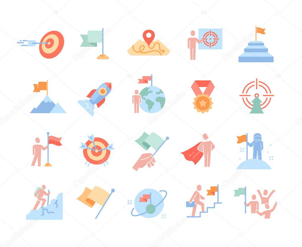 Mission, purpose, objective, aim colorful outline icons