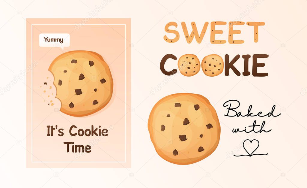Set of confectionery banners, labels or logos. Bitten biscuit. Cartoon vector illustration