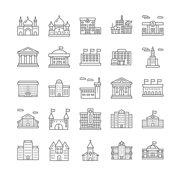 Edificios línea iconos conjunto — Vector de stock