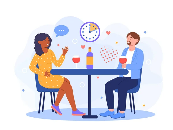 Young man and woman sitting at table and talking — Stock Vector