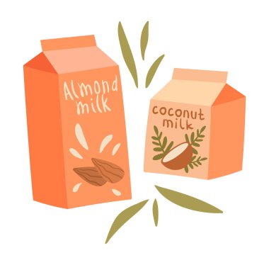 Beyaz arka planda organik vejetaryen badem ve hindistan cevizi sütü etiketi.