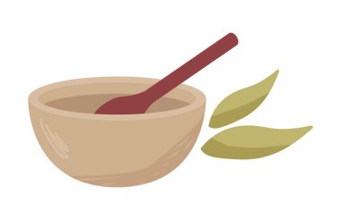 Beyaz arka planda organik vegan ürünleri karıştırmak için küçük şirin tabak ve kaşık etiketi