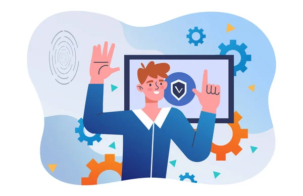 Cheerful male character is working on network security — Stock Vector