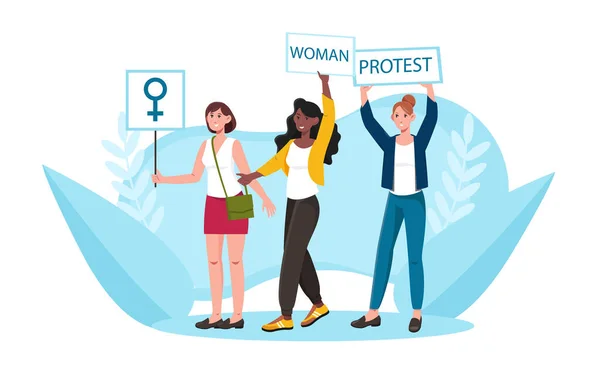 Groupe de femmes protestataires avec des pancartes prenant part à une manifestation de masse féministe ou de protestation — Image vectorielle